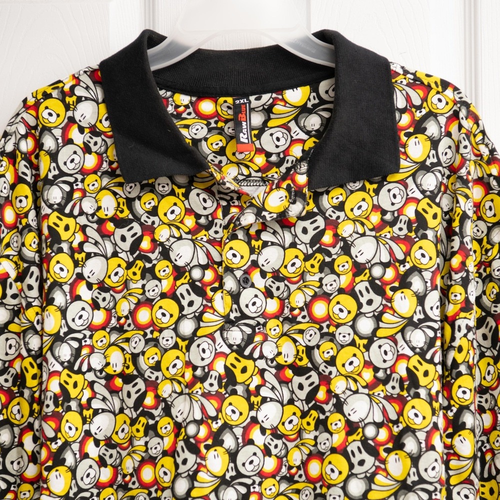 VTG Y2K 90s Polo Shirt 2XL Cartoon All Over Print RARE Urban Maximalist PopArt‎